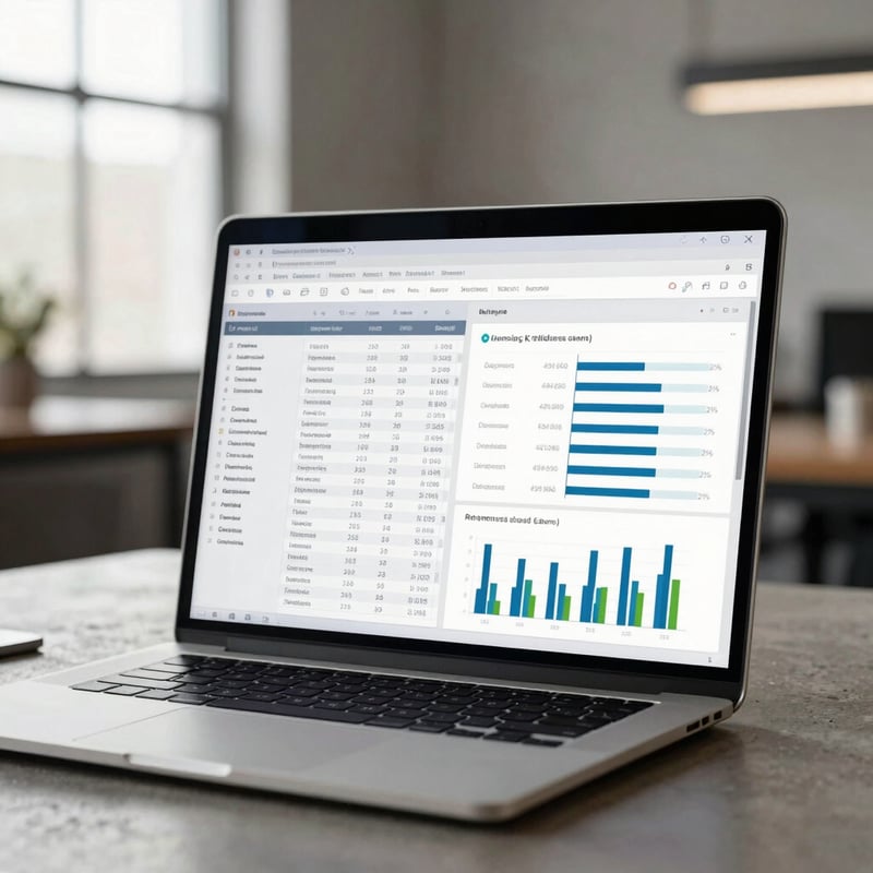 Open laptop on an office desk displaying a data dashboard with tables and bar charts, natural light from a window in the background.
