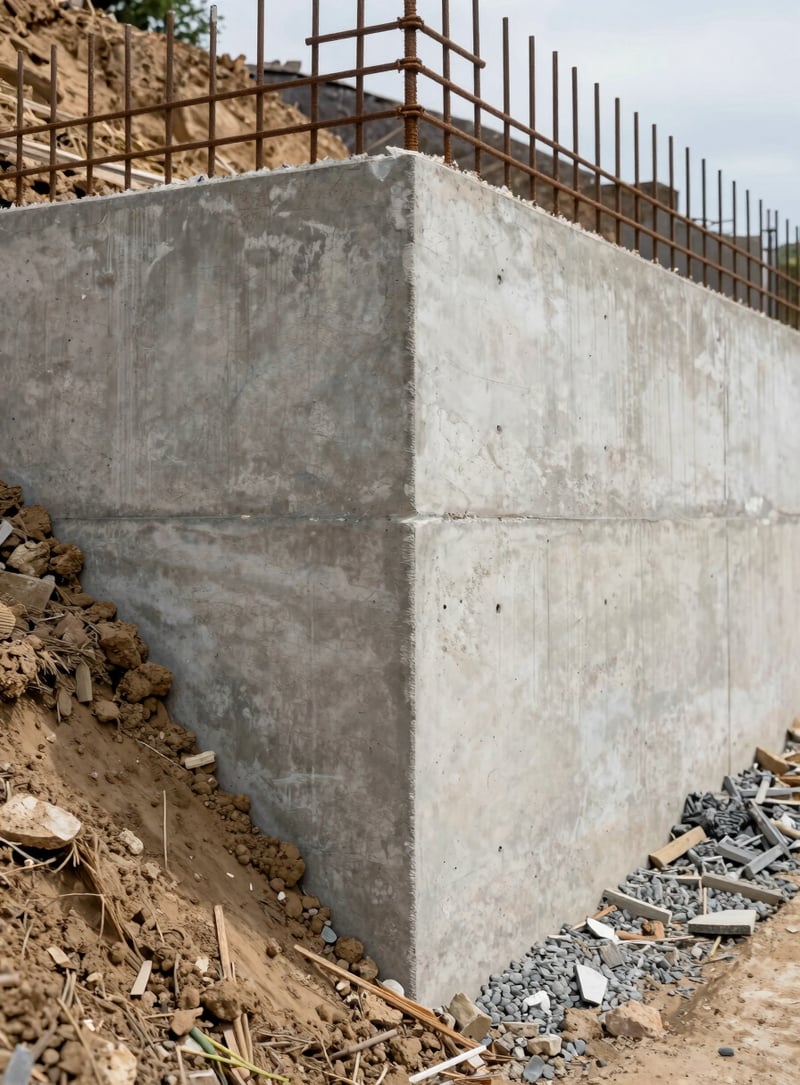 Ground-level documentary frame of a reinforced concrete retaining wall on a sloped site, formwork partially removed revealing finished surface, site setting.