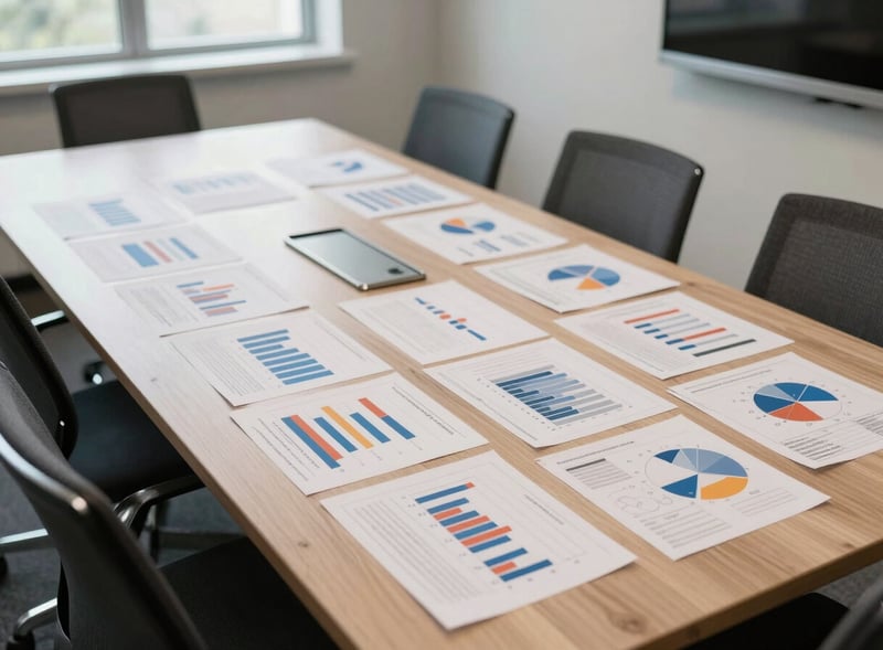 Conference table covered with printed bar charts and pie charts, with a smartphone placed in the center, in a meeting room.