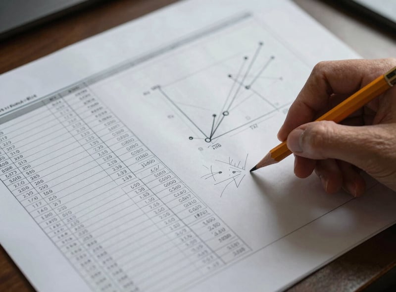 Overhead shot of printed data tables and hand-drawn chart sketches on a work surface, diffuse studio light, a technical pencil resting on the page.