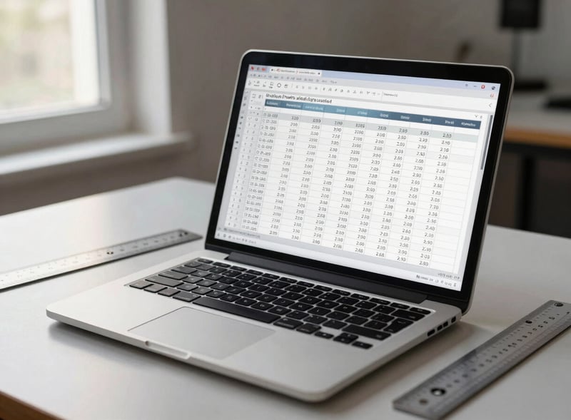 Wide shot of an open laptop showing a spreadsheet with columns of numerical data, natural window light from the left, a ruler and engineering scale placed beside the device on a plain desk.