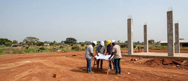 Four people in hard hats reviewing a blueprint on a table at an open-air construction site, with newly cast concrete columns and exposed rebar in the background.
