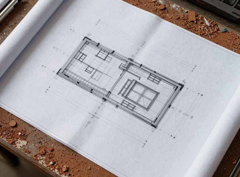 Close overhead view of a structural engineering drawing spread flat on a site table, pencil annotations and dimension lines visible, natural daylight casting soft shadows across the paper.