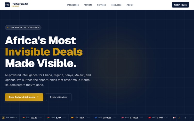 Screenshot of the FrontierCapitalSignals.com homepage, showing live market intelligence for African markets.