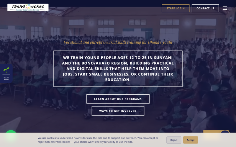 Screenshot of the thriveworksghana.org homepage